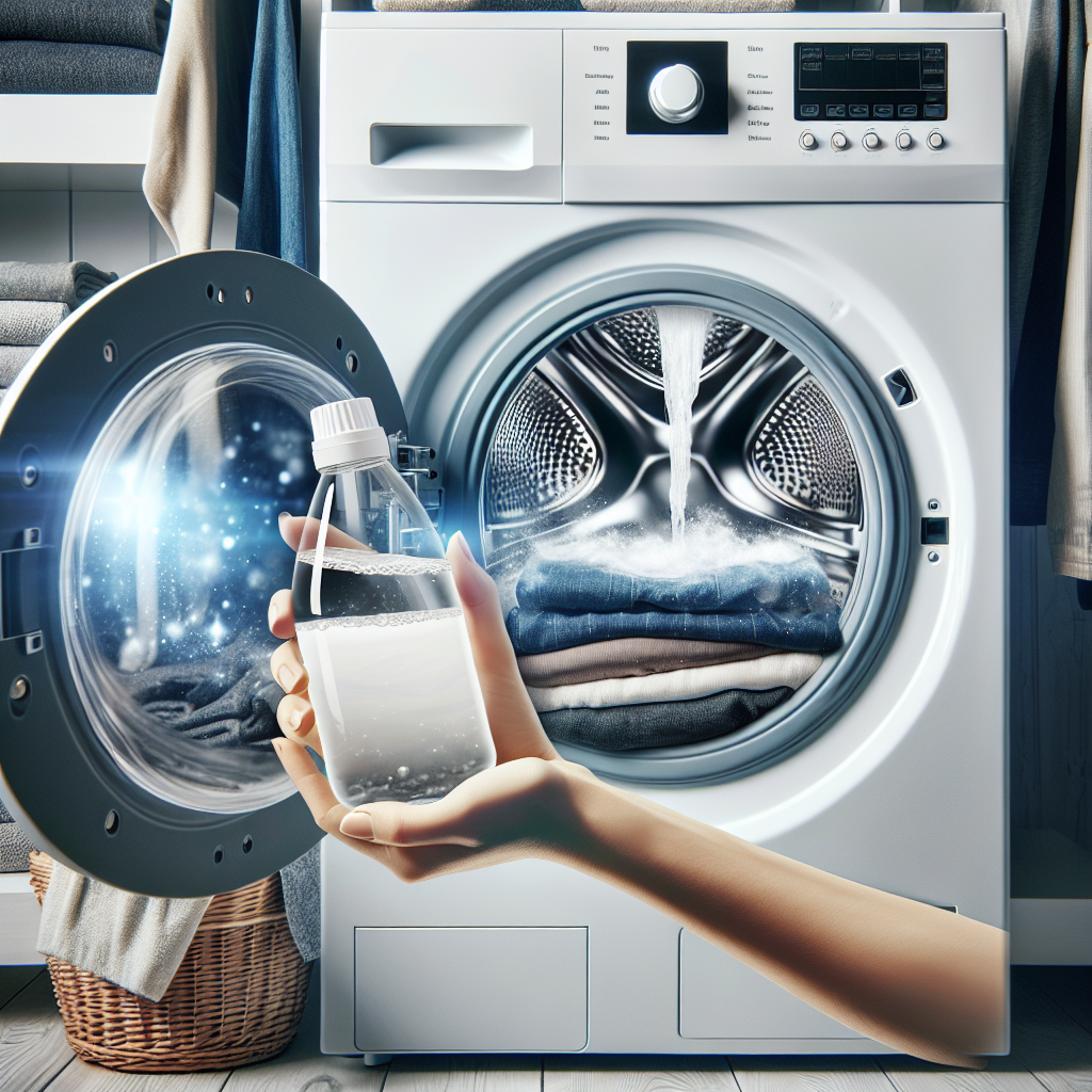 A hand pouring a small amount of white vinegar from a clear bottle into the fabric softener compartment of a modern, clean washing machine. In the background, a stack of perfectly clean, dark laundry is visible, suggesting a successful resolution. Bright, well-lit photo.