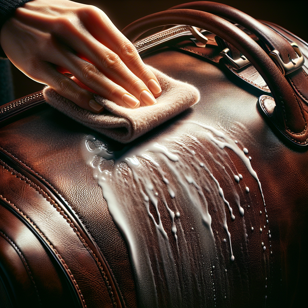 A close-up shot of a sophisticated dark brown leather handbag or a stylish leather shoe, prominently displaying white, crusty stains (like salt or water marks) on its surface. A human hand, holding a soft, slightly damp cleaning cloth, is gently poised to wipe the stained area. The scene is well-lit, emphasizing the texture of the leather and the contrast with the white stains. Realistic, high-resolution photography, natural light.