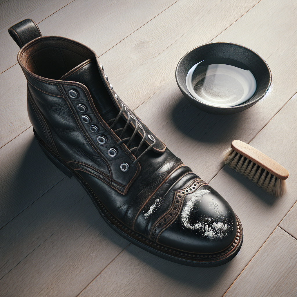 A top-down view of a classic black leather boot, heavily affected by white salt stains along the sides and toe cap, positioned on a light-colored wooden floor. Next to the boot, a small bowl containing a clear liquid (implying a cleaning solution like vinegar-water) and a soft brush or sponge are visible. The overall mood is practical and ready for cleaning. Realistic, detailed texture of the leather and the stains, soft studio lighting.