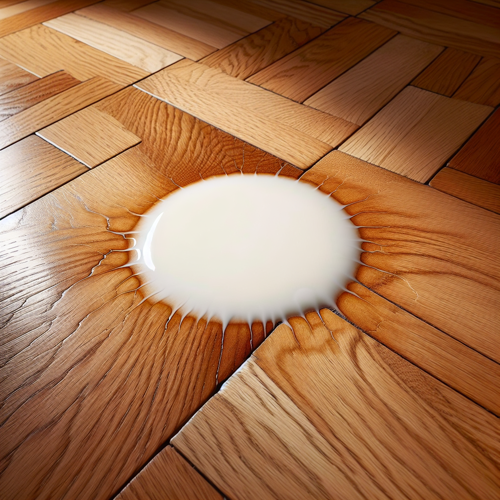 A macro shot of a milky white ring stain contrasting sharply against the rich, polished surface of a warm-toned oak parquet floor. The intricate wood grain is visible, and reflections from soft, natural light highlight the damage. The image evokes a sense of a visible imperfection, rendered in a realistic photography style.