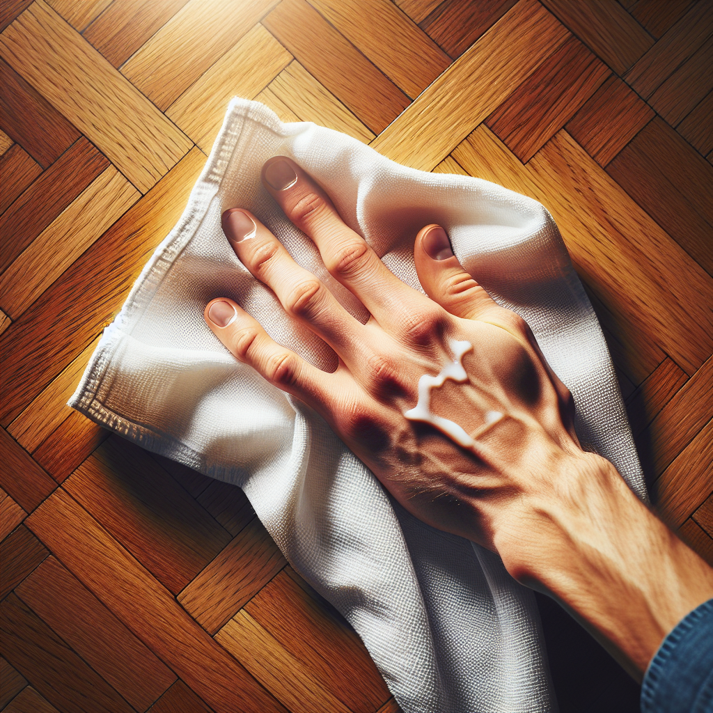 A close-up, top-down shot of a person's hand, holding a white cotton cloth, gently dabbing it onto a distinct white water or heat stain on a warm-toned wooden parquet floor. The focus is on the action of cleaning, with the parquet floor's wood grain clearly visible and well-lit, realistic photography style.