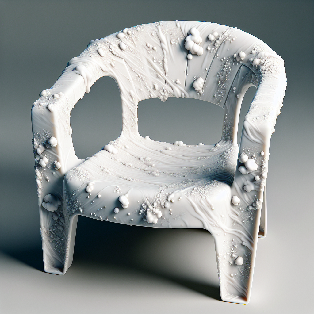 A close-up photograph of a common household plastic item, like a white plastic garden chair armrest or a kitchen utensil handle, heavily covered with distinct, cloudy white stains and spots. The texture of the plastic and the visible grime should be detailed, emphasizing the problem. Natural lighting, realistic style.