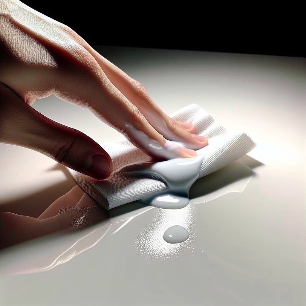 A hand gently wiping a clean cloth across a section of a plastic surface, effectively removing white stains and revealing the sparkling, like-new plastic underneath. A bottle of vinegar or a small bowl with a cleaning solution is subtly visible in the soft-focus background, hinting at a household remedy. Bright, clean lighting, realistic photography style.