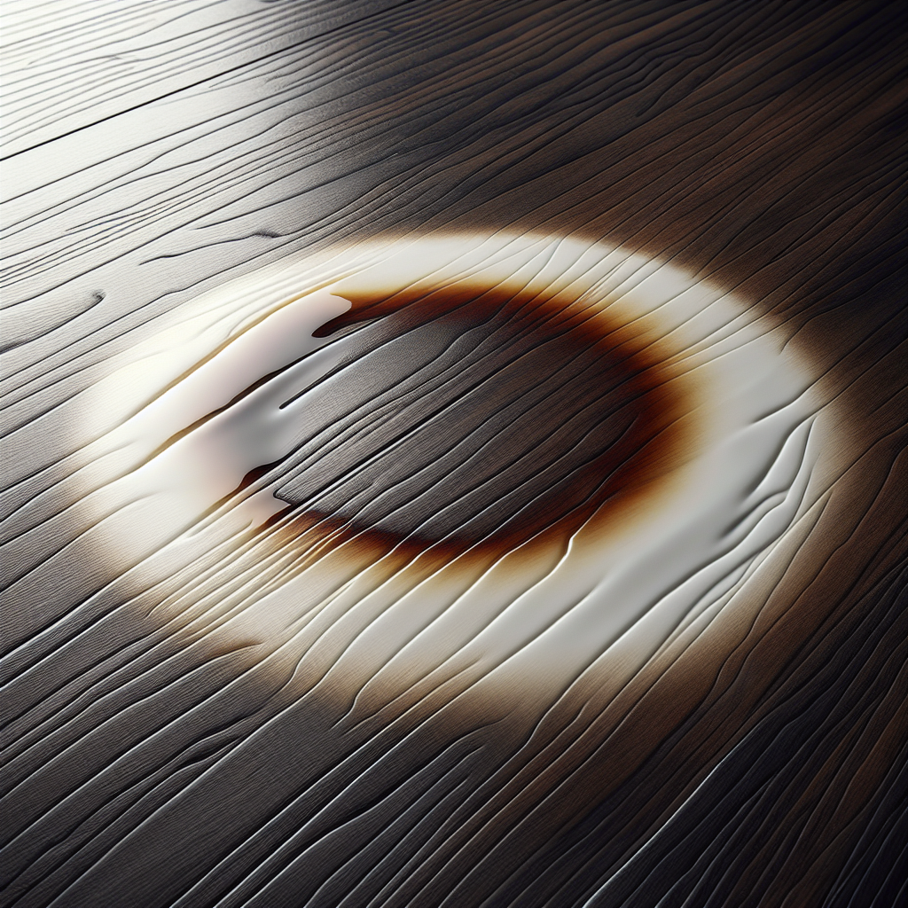 Close-up of a glossy, dark varnished wooden table surface with a prominent, dull white ring stain caused by a wet cup, emphasizing the damaged finish and wood grain. Realistic photo, natural light.
