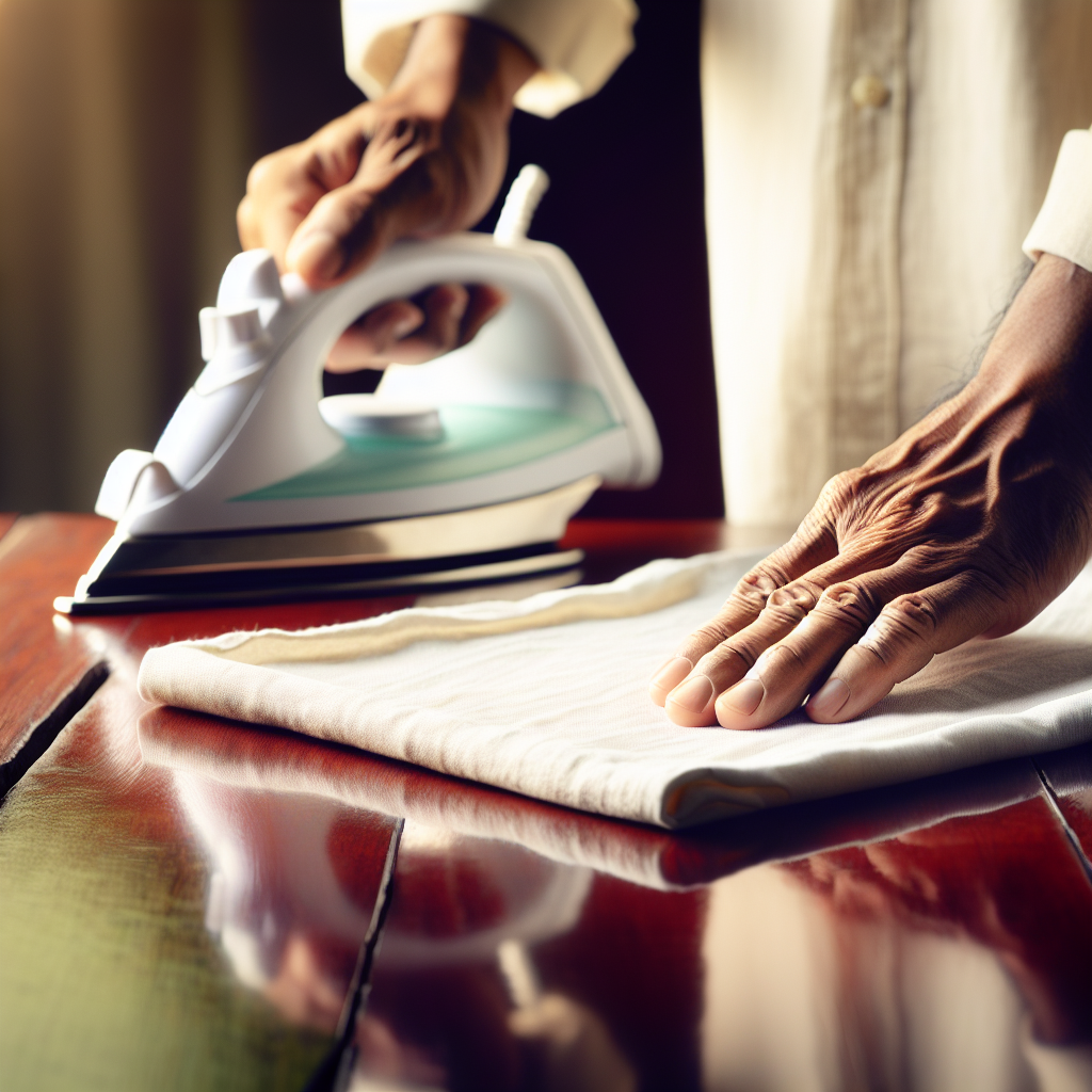 Person's hands gently ironing a clean white cotton cloth placed over a white stain on a polished, dark wooden table, illustrating the repair process. Soft focus, realistic photography, warm lighting.