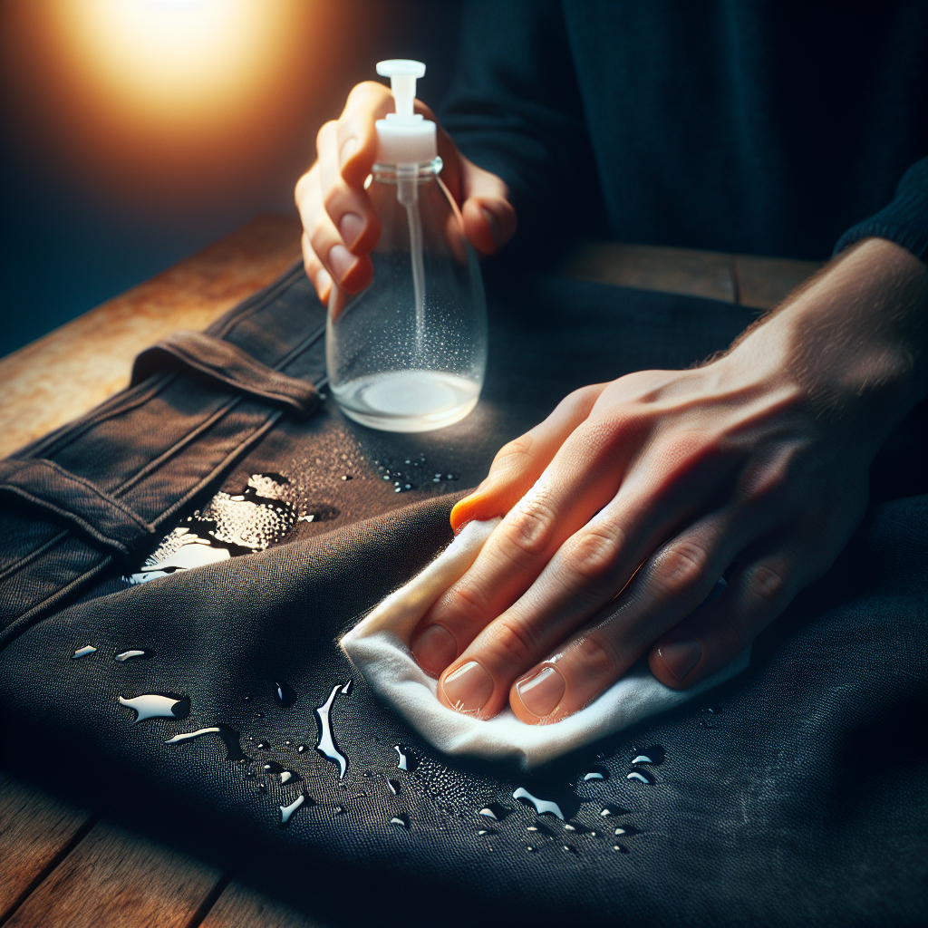A detailed, realistic photograph showing a person's hand, gently dabbing and wiping a noticeable white stain from a piece of deep black fabric, possibly trousers, using a soft white cloth or cotton pad. In the slightly blurred background, a clear glass bottle of white vinegar is subtly visible, hinting at a natural cleaning solution. The focus is on the careful action of stain removal, suggesting effectiveness and restoration, with natural, bright lighting.