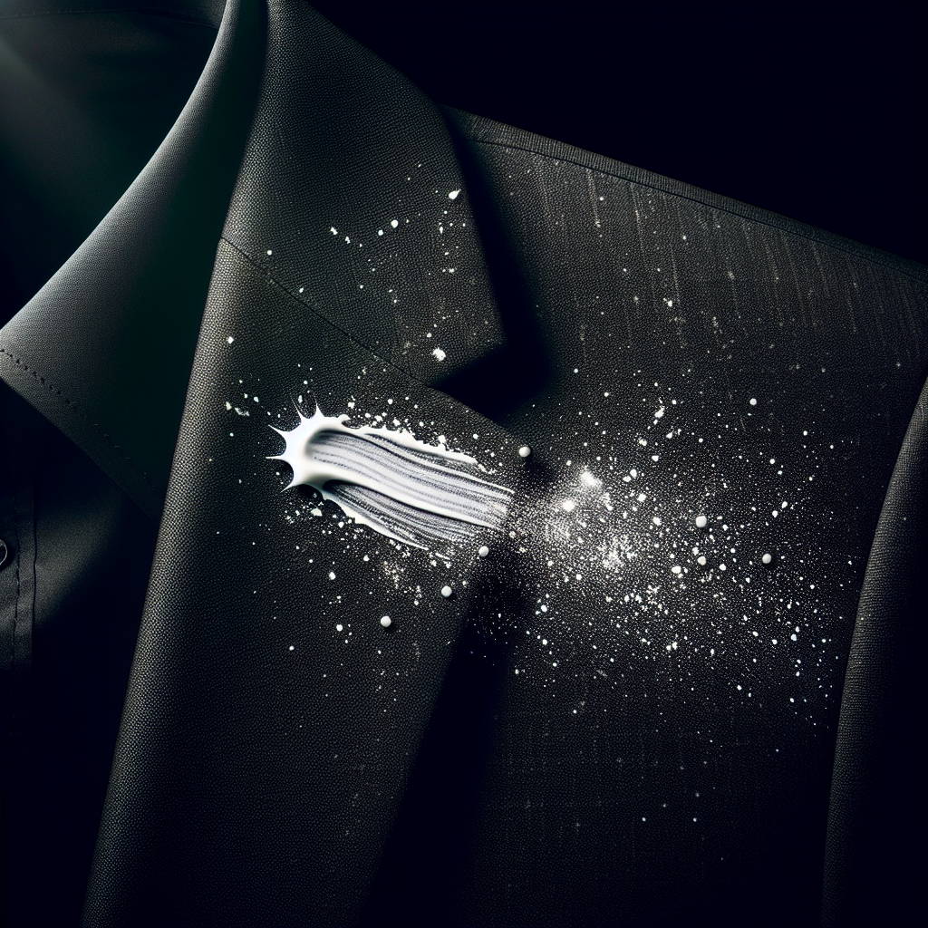 A close-up, dramatic shot of a stark white deodorant streak or a visible toothpaste splatter contrasting sharply against a luxurious deep black fabric, like a blazer or a shirt. The focus is on the annoying white imperfection on the otherwise pristine dark material, with lighting that emphasizes the texture and contrast. High resolution, photorealistic.
