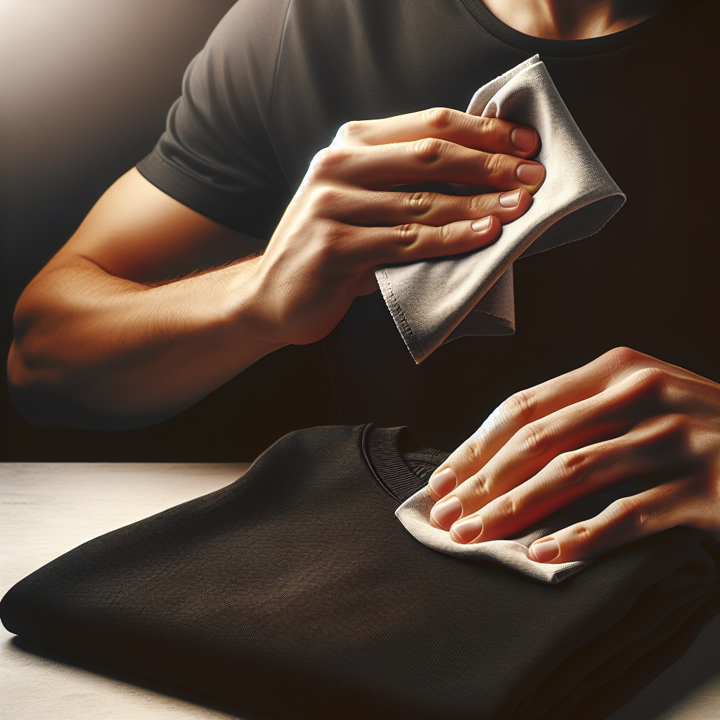 A pair of hands gently and effectively wiping away a faint white stain from a perfectly clean, wrinkle-free deep black t-shirt with a small, damp cloth. The The image emphasizes the restoration of the black fabric to its immaculate condition, with clean, warm lighting. Photorealistic.
