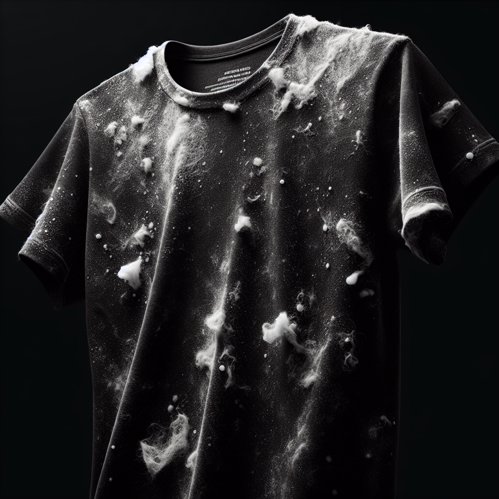 A close-up, dramatic shot of a freshly washed, dark black t-shirt or garment, covered in clearly visible white detergent or lint spots and streaks. The lighting highlights the contrast between the dark fabric and the bright white residue, conveying a sense of frustration or a common laundry mishap. Realistic photo, high detail, studio lighting.