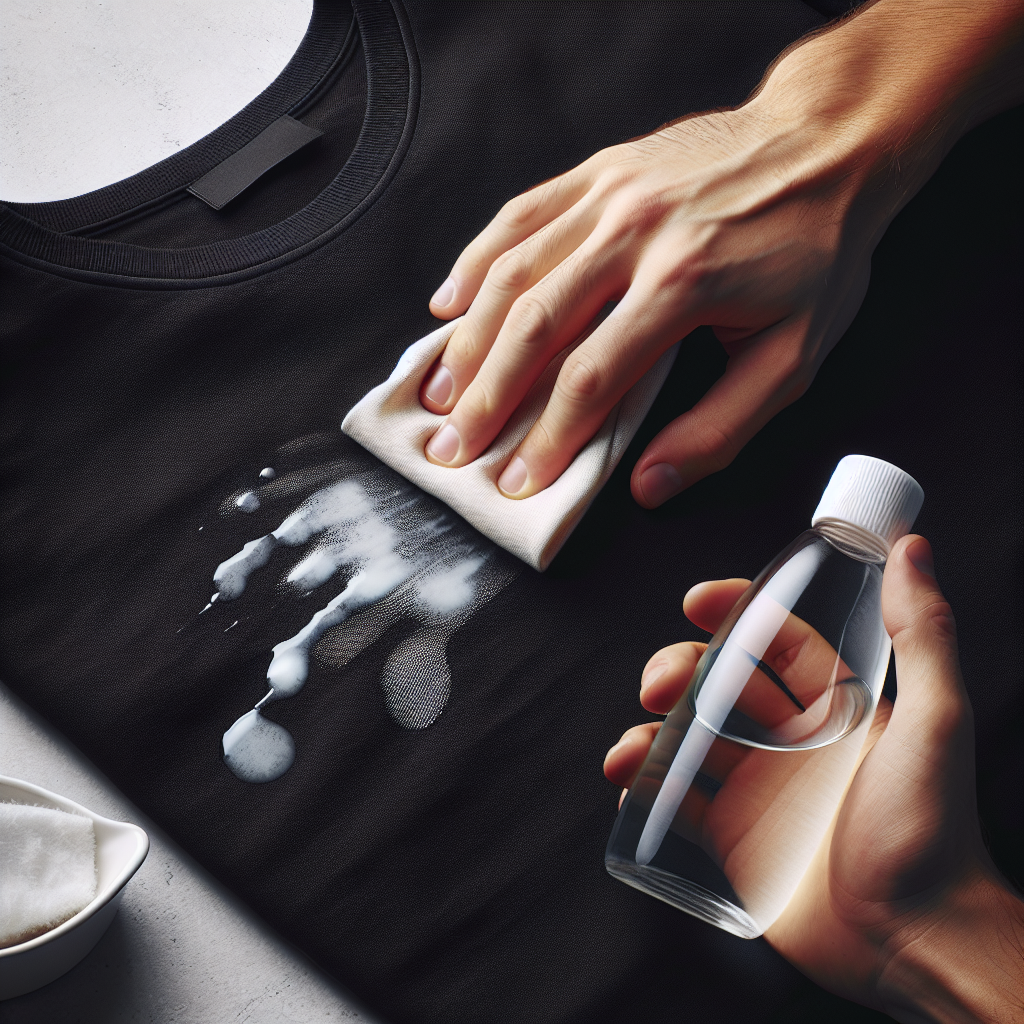 A clean, well-lit overhead shot of a hand gently dabbing a stubborn white spot on a black piece of fabric (like a t-shirt or trousers) with a damp cloth. A small, elegant bottle of vinegar or a bowl with a clear liquid is visible nearby. The scene conveys a sense of effective, gentle cleaning and problem-solving for laundry care. Realistic photo, minimalist aesthetic, bright, practical.