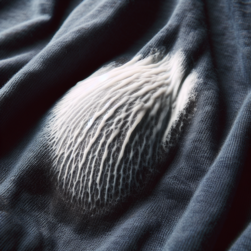 A close-up photograph capturing a prominent, frustrating white stain from deodorant or detergent on a dark, wrinkled navy blue t-shirt. The stain's texture is visible, creating a clear contrast with the fabric, in natural lighting.
