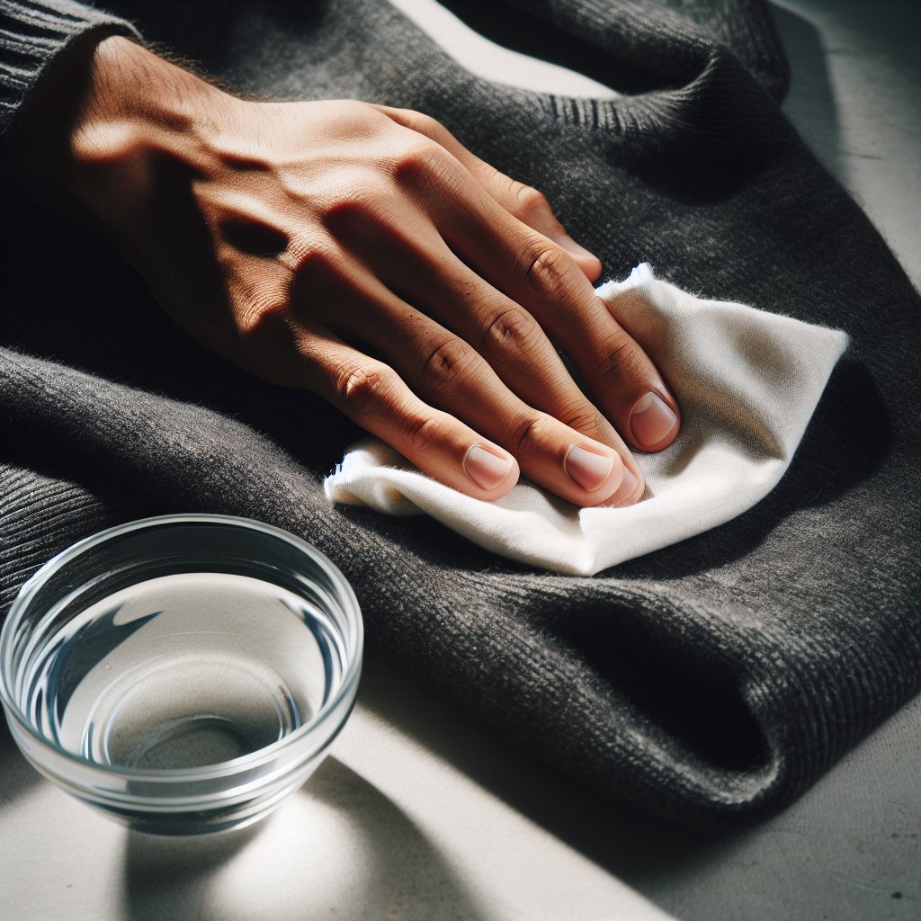 A top-down photograph showing a hand gently dabbing a white stain on a dark grey sweater with a white cloth, next to a small glass bowl with a clear liquid (vinegar solution) on a light countertop. Focus on the cleaning action and fabric details, with soft natural lighting.