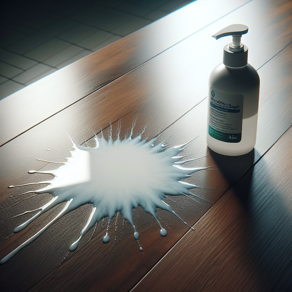 A close-up, realistic photo of a prominent, white hazy stain on a dark, glossy wooden table surface, caused by a disinfectant spill. The stain looks unappealing and disrupts the smooth finish. In the slightly blurred background, a generic bottle of hand sanitizer or disinfectant is visible, hinting at the cause. The lighting is soft and natural, emphasizing the texture and the imperfection.