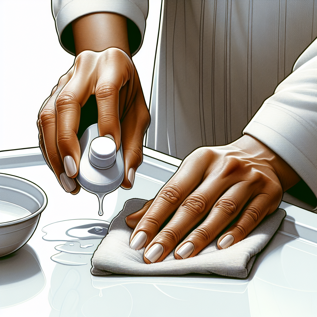A realistic, detailed shot of a person's hands actively and gently wiping away a small, white disinfectant stain from a smooth, light-colored plastic surface (e.g., a modern white desk or a kitchen appliance) using a soft, damp microfiber cloth. A small bowl with mild soapy water is discreetly visible on the side, suggesting a simple cleaning solution. The scene should convey care and effectiveness.