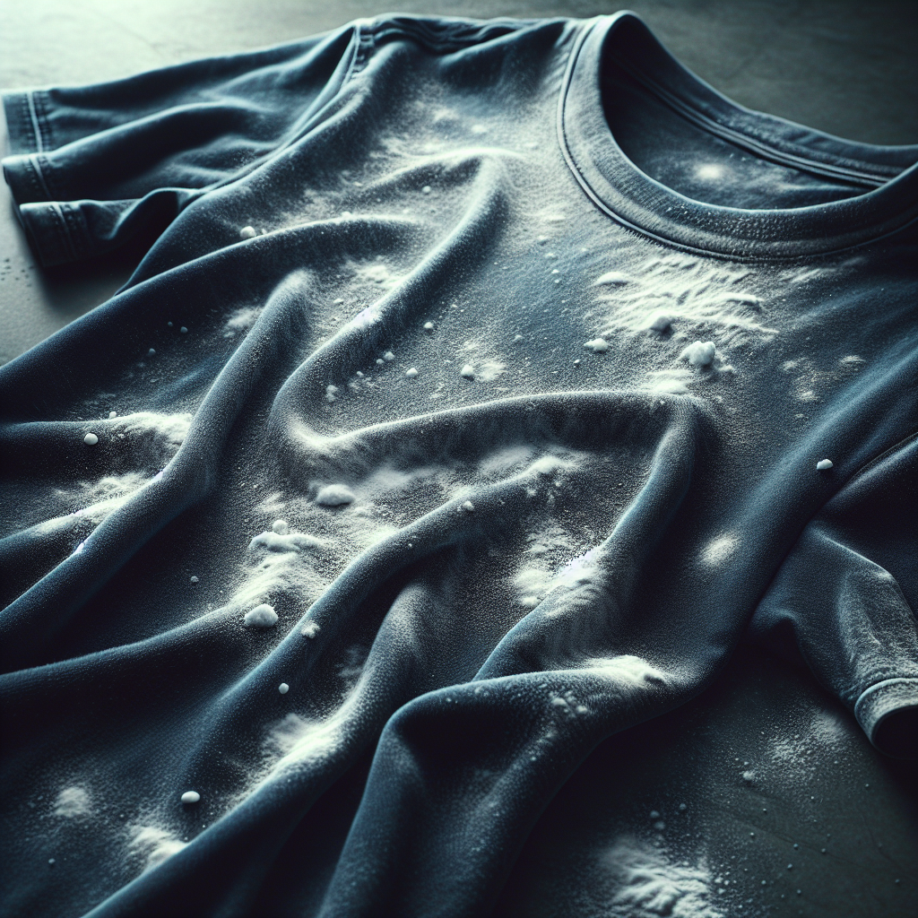 A close-up, high-definition photograph of a dark blue t-shirt freshly pulled from a washing machine, showing visible white streaks and powdery residue from detergent or limescale. The fabric should look slightly damp, conveying the common frustration of finding these marks. Natural, slightly soft lighting.