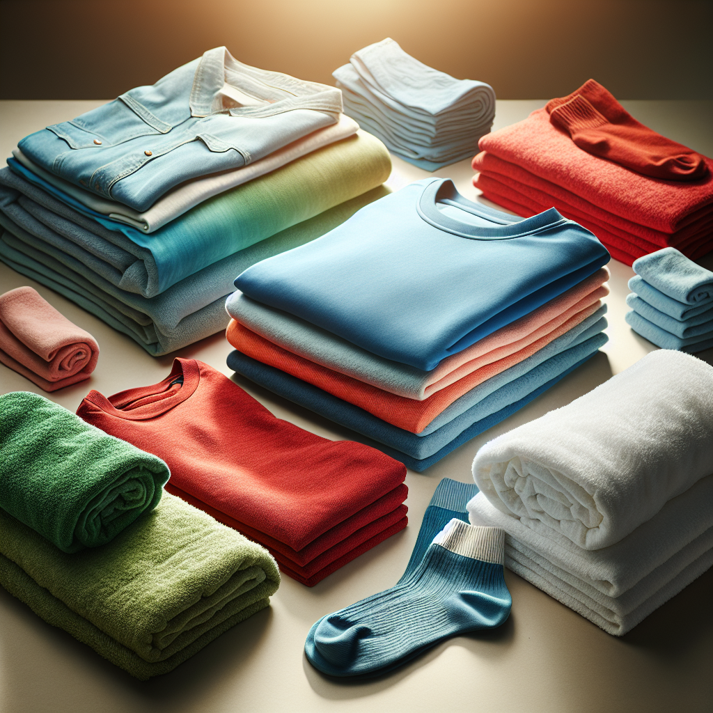 An aesthetic, clean flat lay or neatly stacked pile of vibrant, colorful laundry (e.g., a blue shirt, a red towel, a green sock) and crisp white towels, all perfectly clean and stain-free, arranged on a light, minimalist surface. Bright, inviting studio lighting, emphasizing freshness and cleanliness. High-resolution photo.