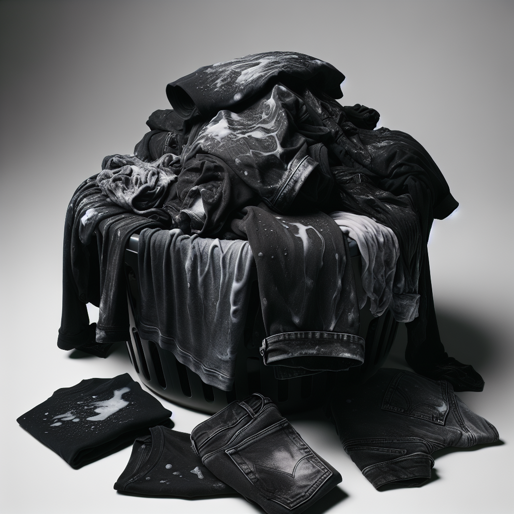 Close-up photograph of a pile of freshly washed, damp black laundry (t-shirts, jeans) covered in prominent white streaks and residue spots, lying in a simple laundry basket. The lighting is clean and bright, emphasizing the frustrating problem. Realistic, high detail.