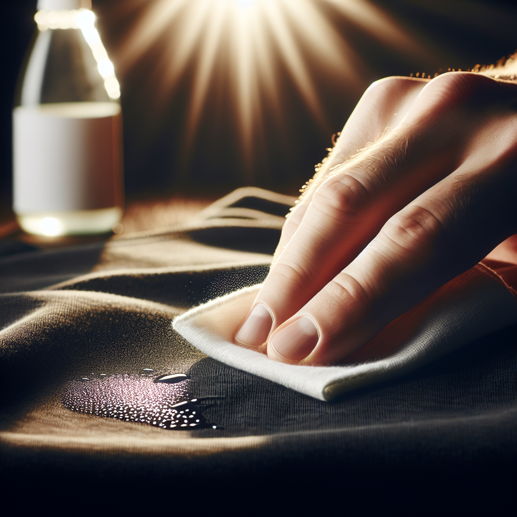 A close-up of a person's hand gently dabbing a specific white residue spot on a piece of dark black fabric (like a t-shirt or jeans) with a white cloth or sponge. In the blurred background, a generic bottle that could contain vinegar or a cleaning agent is subtly visible. The scene is well-lit, conveying a sense of careful cleaning and problem-solving. Realistic photography.