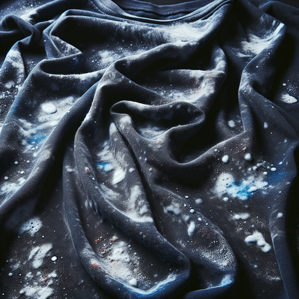 A close-up shot of a dark black or navy blue t-shirt, freshly laundered, with noticeable white streaks and spots of residue covering the fabric. The image should convey the frustration of finding these marks after washing, with a realistic, slightly desaturated color palette to emphasize the problem. Focus on the texture of the fabric and the visible residue.