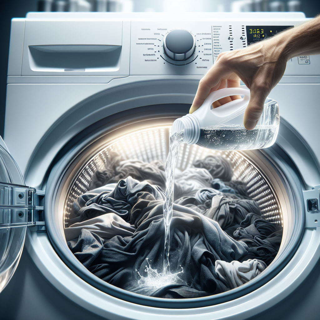 An overhead view of a modern washing machine's open detergent dispenser, with a hand gently pouring a clear liquid (representing vinegar or a cleaning agent) into one of the compartments. In the soft-focus background, a pile of perfectly clean, spotless dark laundry is neatly folded, symbolizing the successful removal of white spots and a fresh start. Bright, clean, and optimistic lighting.