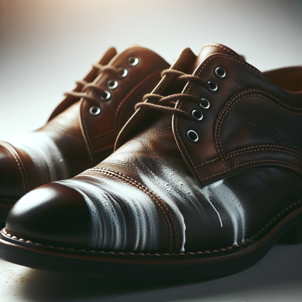 A close-up, high-resolution photo of a dark, slightly worn leather shoe with distinct white, powdery stains from waterproofing spray. The stains are prominent and make the shoe look unkempt. The background is softly blurred to keep focus on the shoe and the stains. Realistic, natural lighting.