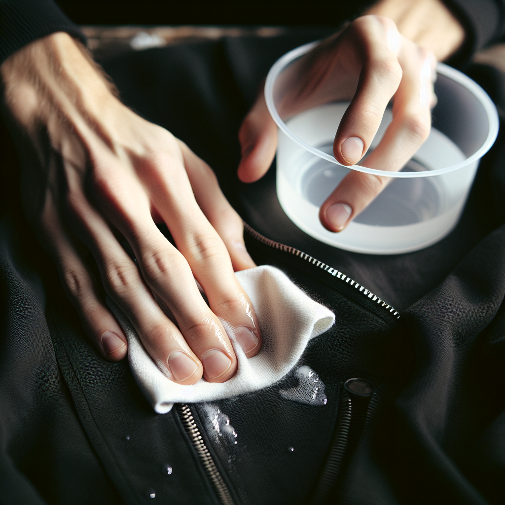 A pair of hands gently wiping white residue from a dark textile jacket with a damp, clean cloth. In the background, subtly out of focus, there's a small bowl with a clear liquid, suggesting a cleaning solution. The scene conveys a sense of care, cleanliness, and the process of effective stain removal. Bright, even lighting.