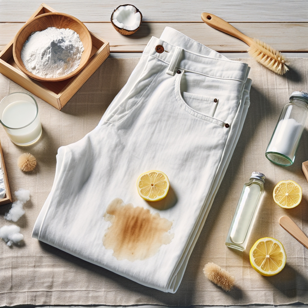 A pristine pair of folded white linen pants with a subtle, dried coffee stain on one leg, laid out on a light wooden table. Next to the pants, natural cleaning ingredients are artfully arranged: an open box of baking soda, a freshly cut lemon half, and a small glass bottle of white vinegar. The scene is brightly lit with natural light, showcasing a clean, minimalist aesthetic suitable for a blog header.