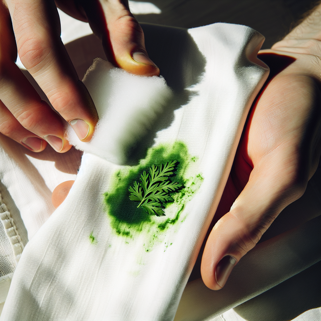 Close-up shot of hands gently dabbing a white, foamy paste (representing a home remedy) onto a small, green grass stain on a section of white cotton pants fabric. The fabric is laid on a clean, light-colored surface. The image has a sharp focus on the hands and the stain, with a shallow depth of field, conveying a practical and effective cleaning process under bright, natural light.