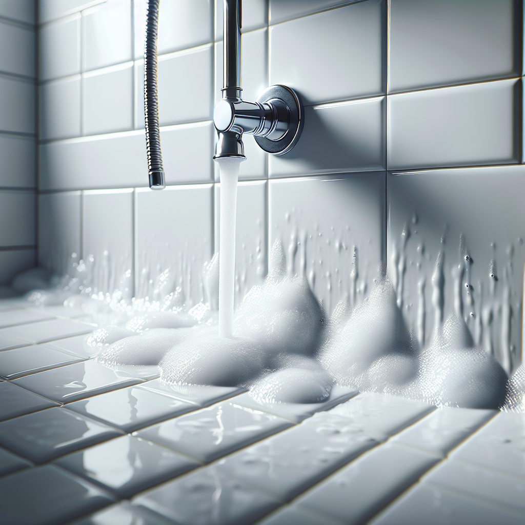 Realistic photo of clean, glossy white ceramic bathroom tiles with prominent, unsightly white limescale deposits, particularly visible near a faucet or shower area. The stains create a dull, cloudy appearance on the otherwise shiny surface, emphasizing the need for cleaning.
