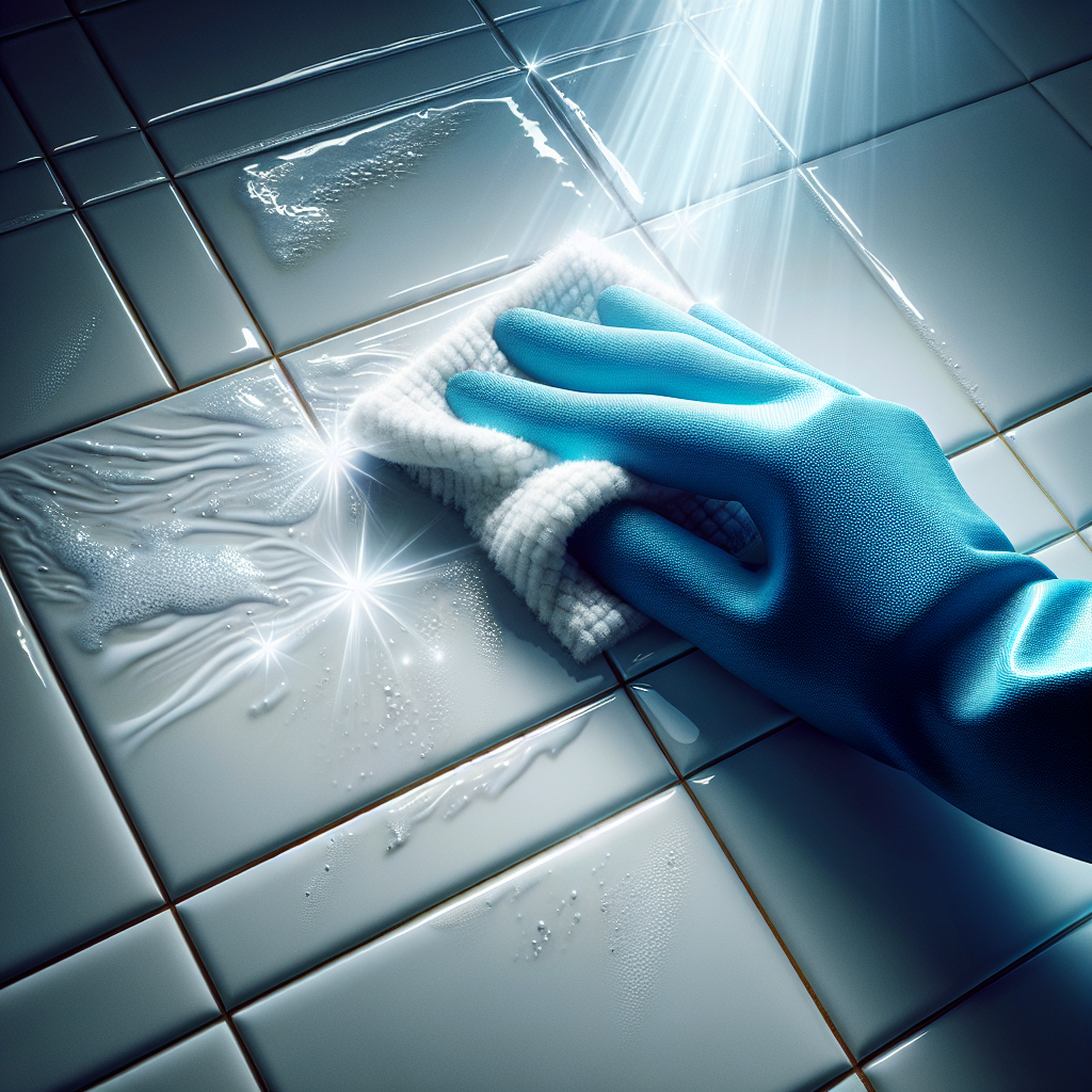 Close-up, realistic photo of a hand, possibly gloved, using a cleaning cloth to wipe away white limescale from glossy bathroom tiles. One part of the tile is already visibly clean and shiny, while another still shows some remaining limescale, illustrating the cleaning process effectively. Bright, clean lighting.