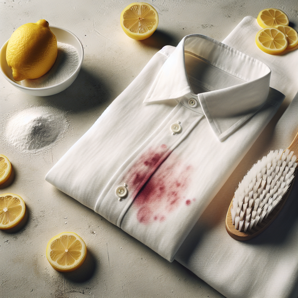 A pristine white linen shirt, immaculately clean on one side, and on the other side, a subtle yet noticeable red wine stain. In the background, natural cleaning agents like sliced lemons, a small bowl of baking soda, and a soft brush are artfully arranged, suggesting restoration. Bright, clean aesthetic, studio lighting, high detail.