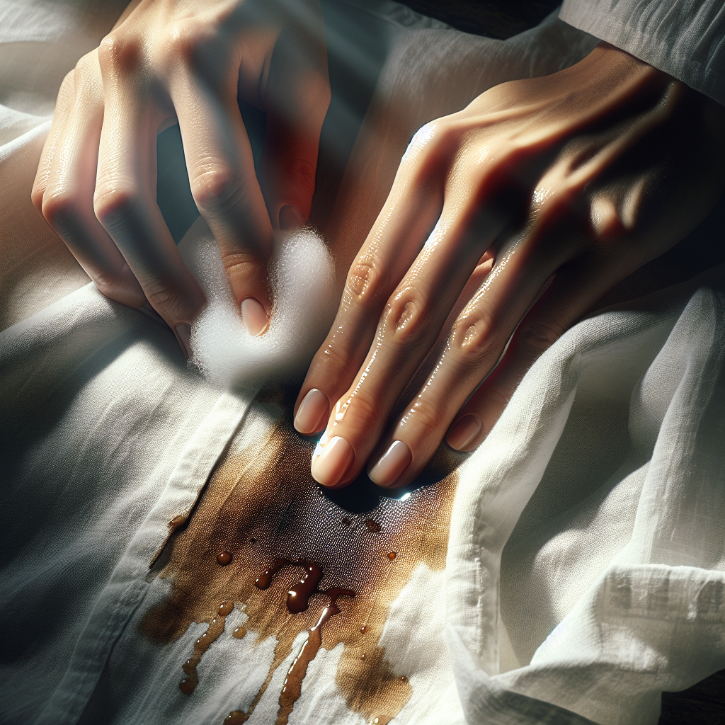 Close-up of gentle hands carefully scrubbing a stubborn coffee stain out of a delicate white cotton blouse. Water droplets and suds are visible, illustrating the cleaning process. The background is softly blurred, focusing on the action and the texture of the fabric. Soft, natural light, realistic, detailed.
