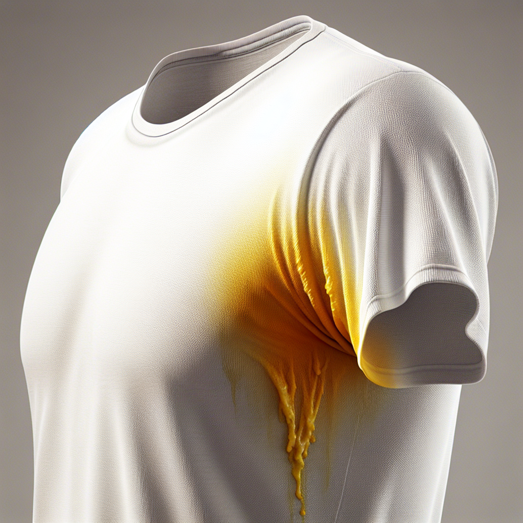 A close-up photographic image of a bright white cotton t-shirt with distinct, unsightly yellow sweat stains clearly visible in the armpit area. The rest of the t-shirt is impeccably clean, creating a strong contrast. Natural lighting, realistic detail.