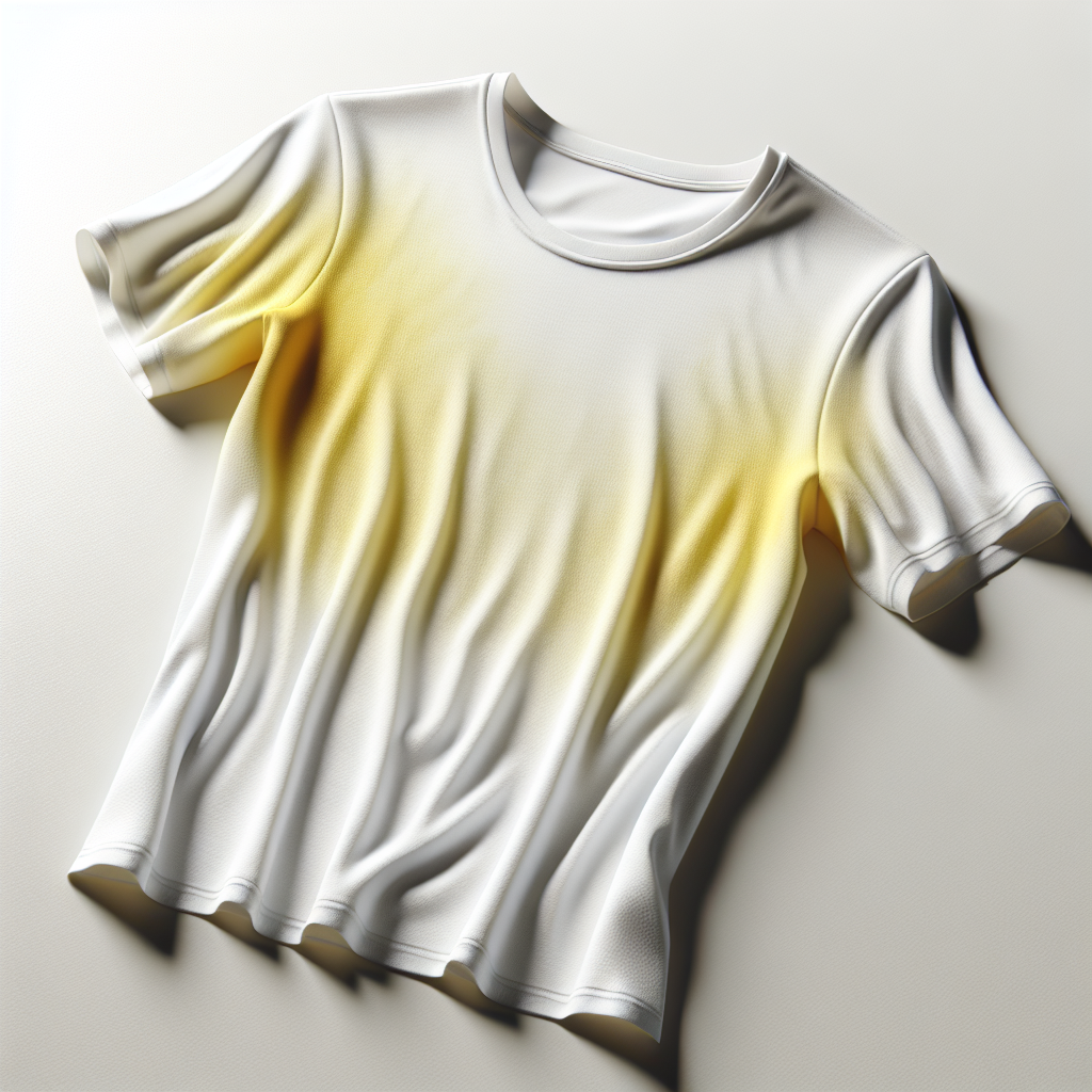 A close-up of a pristine white cotton t-shirt with noticeable yellow sweat stains under the armpits, laid flat on a clean, light surface. The contrast between the bright white fabric and the dull yellow stains is prominent. Soft, natural daylight, high detail, realistic photography style.