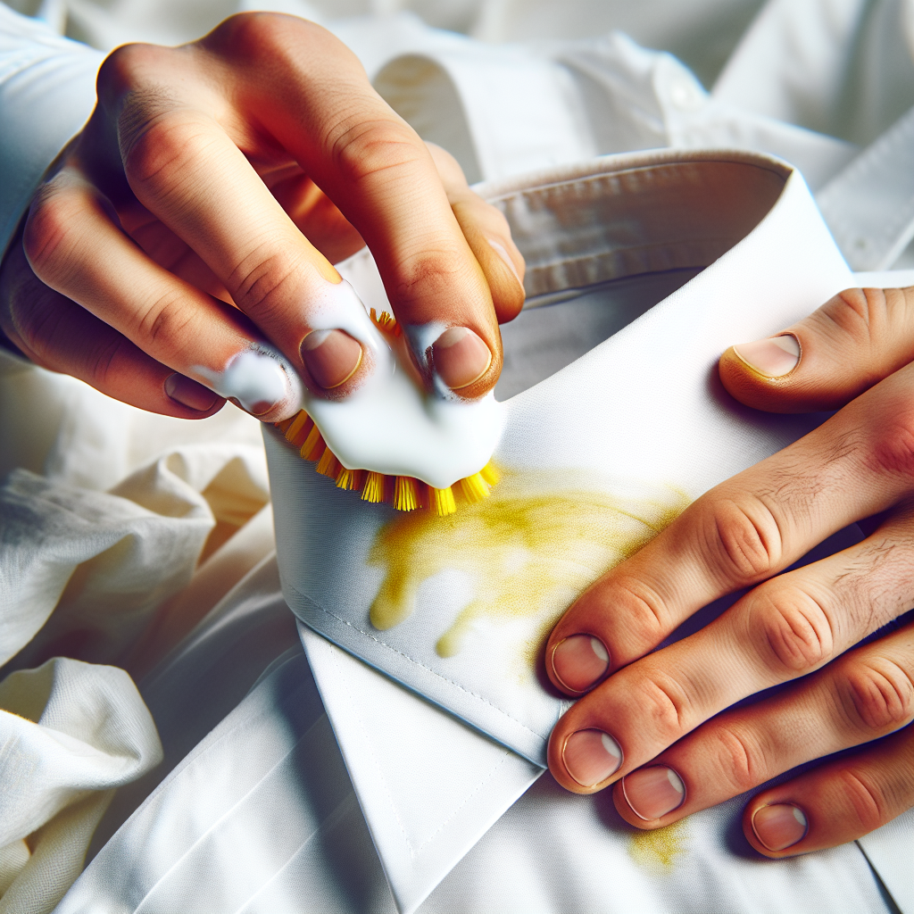 A human hand gently applying a thick, white paste (like baking soda or natron) onto a yellow stain on a crisp white fabric, possibly a shirt collar or sleeve. The background is softly blurred, suggesting a clean laundry environment with a hint of other white clothes. Bright, clean aesthetic, realistic photography.