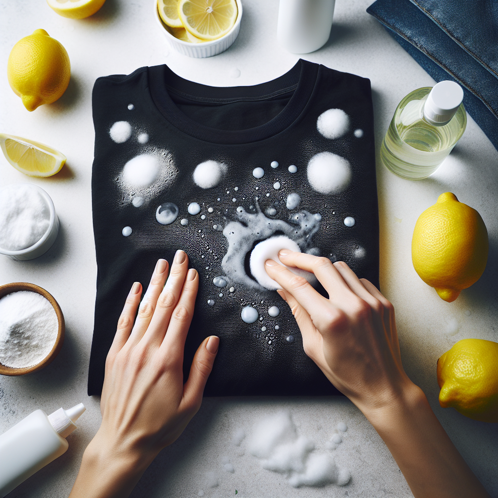 An overhead shot of hands gently applying a home remedy like baking soda or lemon juice onto a white sweat stain on a folded black t-shirt. Various natural cleaning ingredients (lemon, baking soda, vinegar) are subtly blurred in the background on a clean surface. Bright, practical, and solution-oriented.