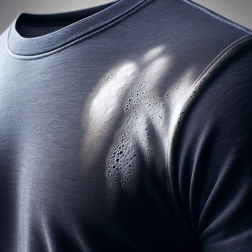 A close-up, high-quality photograph of a dark navy blue t-shirt with prominent, chalky white sweat stains in the armpit area. The fabric texture is visible, emphasizing the stubbornness of the stains. Natural, bright lighting. Perfect for a blog header image about cleaning challenges.