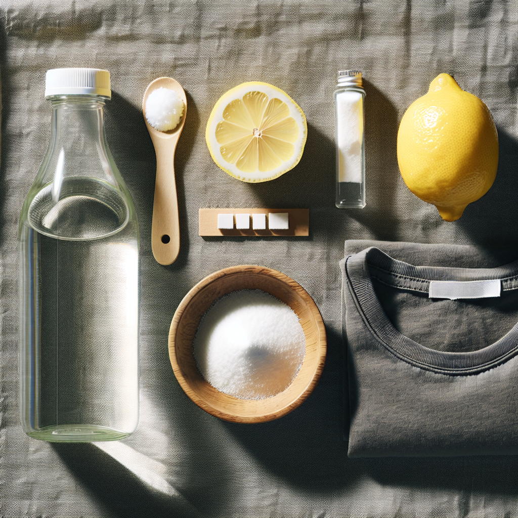 A bright and clean flat lay photograph featuring natural home remedies for stain removal: a bottle of white vinegar, a sliced lemon, a small bowl of baking soda, and a clean, neatly folded dark grey t-shirt. The composition is fresh and appealing, suggesting effective and eco-friendly solutions. Blog article image style.