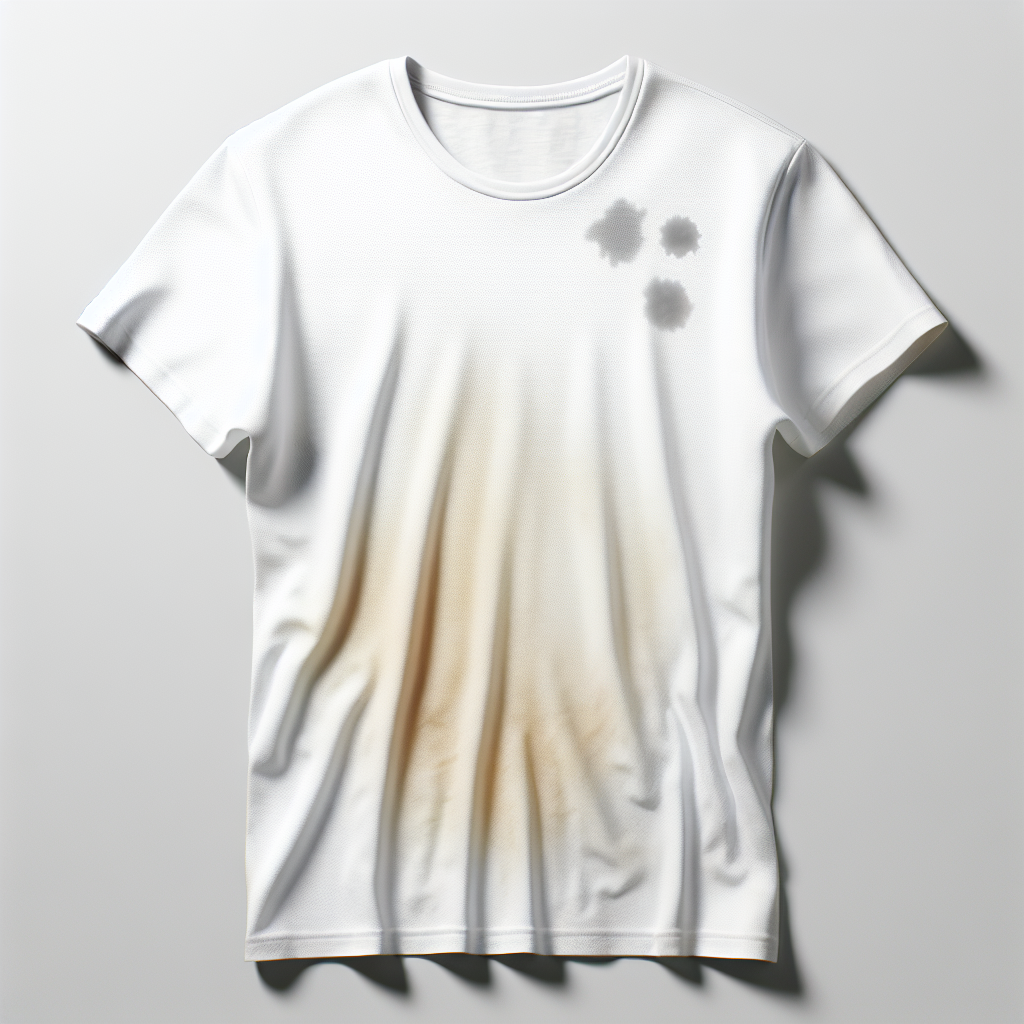 A pristine, bright white cotton t-shirt with several visible, common stains: a yellowish sweat stain under one armpit, a faint greyish deodorant mark, and a small, dark coffee spill on the front. The fabric should look clean and crisp except for the stains. Clean, minimalist background. Realistic, high-detail, suitable for a blog article.