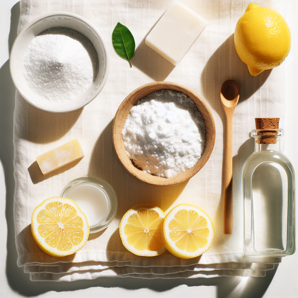 A beautifully composed flat lay showing various natural stain removal ingredients for white laundry. Include a small bowl of white baking soda powder, fresh lemon halves, a clear glass bottle of white vinegar, and a bar of traditional gall soap. These items are neatly arranged around a small, folded piece of clean white linen cloth. Bright, natural lighting, top-down view, clean and inviting aesthetic, suitable for a blog article.