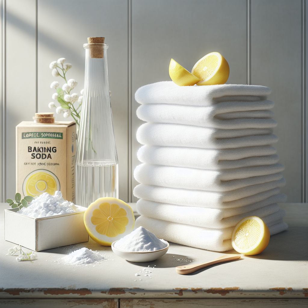 A beautifully arranged still life featuring a stack of pristine, neatly folded white towels or laundry. Beside them, artfully placed, are a fresh cut lemon, a small open box of baking soda, and a glass bottle of white vinegar. The setting is bright and airy, perhaps on a rustic wooden surface or a clean white counter, suggesting natural, effective home remedies. Bright, clean, minimalist style with soft lighting.