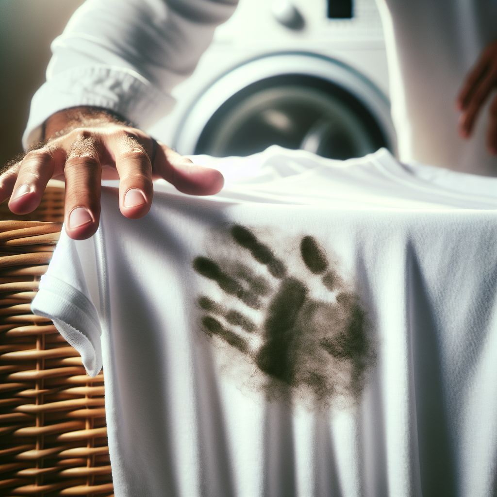 A close-up photograph of a pure white t-shirt or towel, just pulled from the washing machine, showing a noticeable, faint greyish-yellow stain. The texture of the fresh fabric is visible, highlighting the unexpected blemish. In the blurred background, a hand is reaching towards a laundry basket with a look of surprise or slight annoyance. Realistic, clean photographic style, soft natural light.