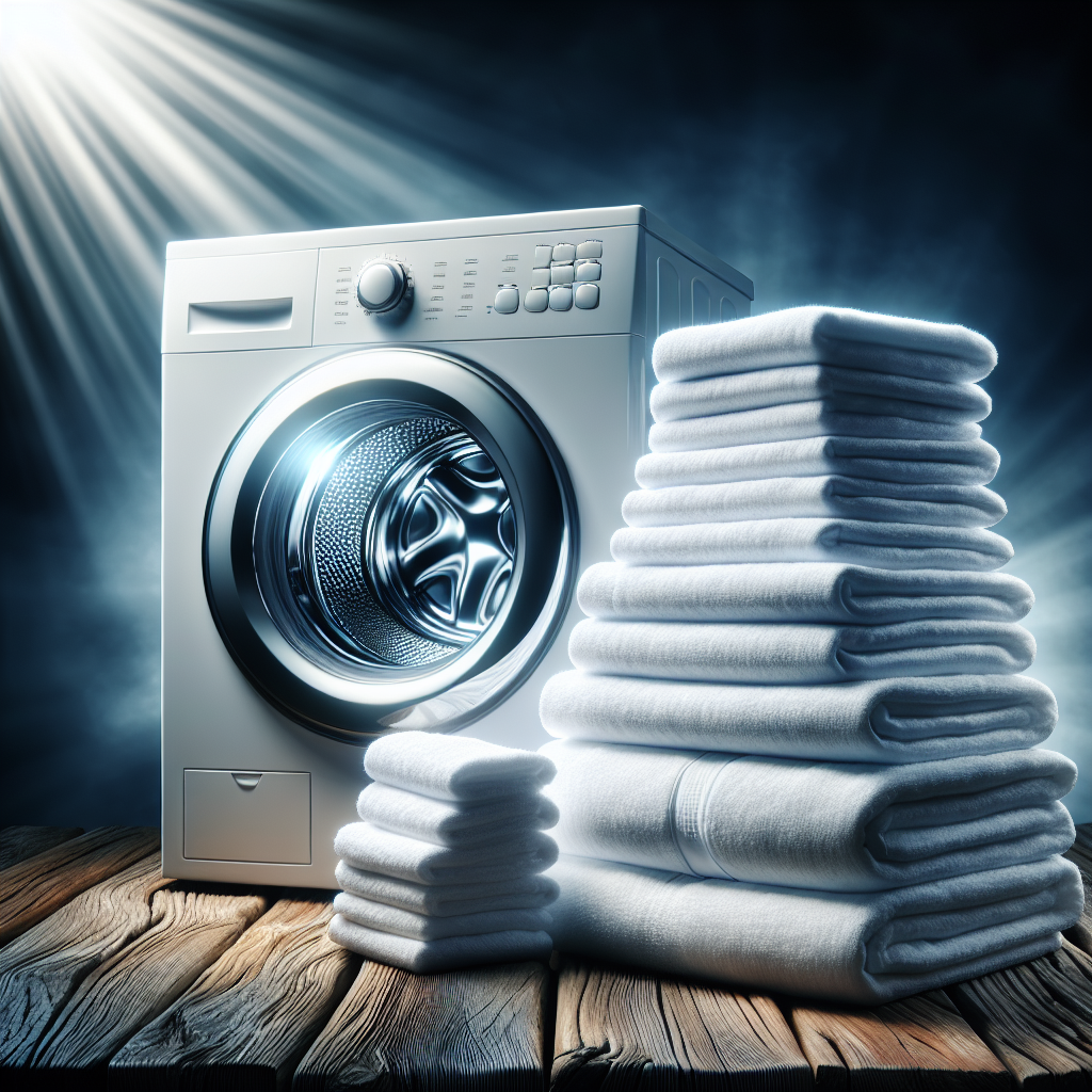 A vibrant, clean pile of freshly washed, perfectly white bed sheets and towels, neatly folded and stacked on a wooden surface. A sense of freshness and purity is conveyed, with soft, diffuse light highlighting the immaculate cleanliness. In the background, a modern, stainless steel washing machine is subtly visible, door slightly ajar, symbolizing successful laundry. High-resolution, realistic style.