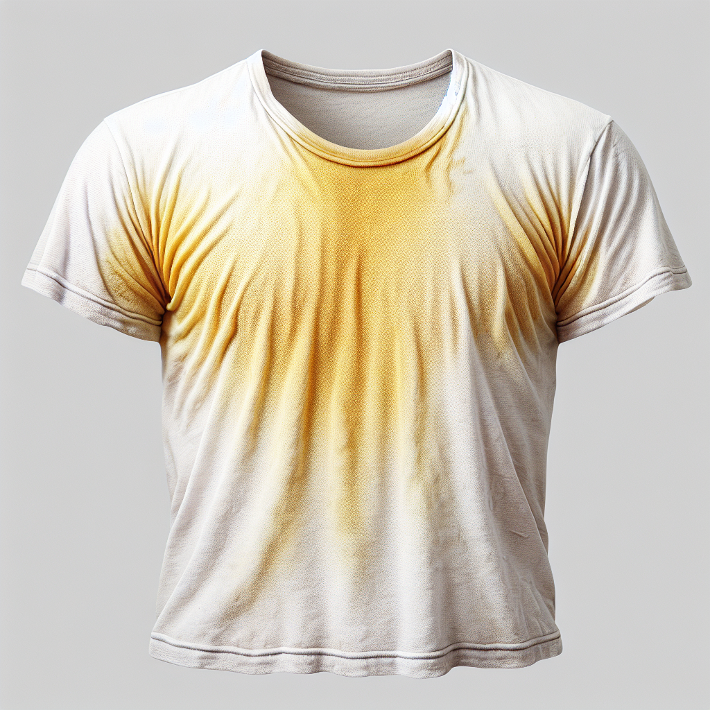 A close-up, detailed shot of the armpit area of a white cotton t-shirt, clearly showing distinct yellow sweat stains. The fabric should appear slightly dull and discolored, emphasizing the stubborn problem of perspiration marks. Realistic photography style with natural light, a hint of frustration.