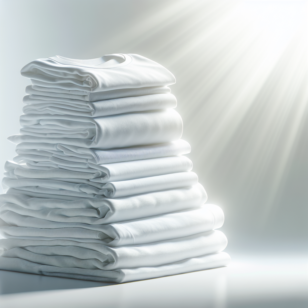 A stack of perfectly clean, bright white folded laundry (t-shirts, shirts) bathed in soft, natural sunlight, conveying a sense of freshness and pristine cleanliness. The white fabric should look crisp, radiant, and free of any stains. High key lighting, minimalist and optimistic aesthetic.