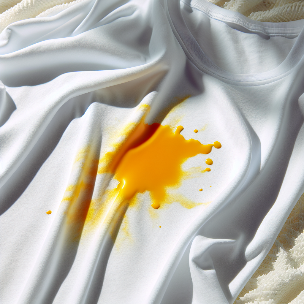 A pristine white cotton t-shirt or beach towel, casually draped, with a prominent, unsightly yellow-orange sunscreen stain clearly visible on the fabric. The lighting is bright and summery, hinting at an outdoor setting like a beach or garden, but the sharp focus is on the vivid stain contrasting with the pure white material, high detail, realistic photo.
