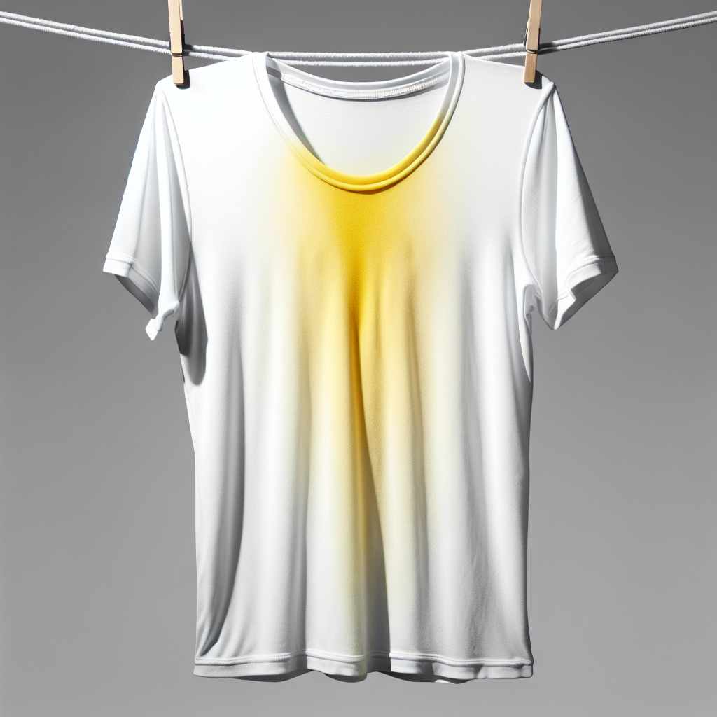 A close-up, realistic photo of a bright white t-shirt with visible, unsightly yellow sweat stains in the armpit area, hanging on a clothesline under soft daylight. The contrast between the pristine white and the yellow discoloration should be stark, conveying a sense of frustration.