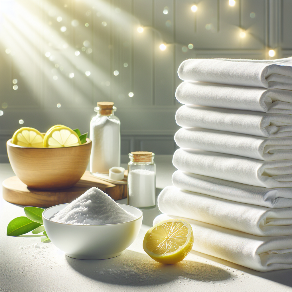 A beautifully arranged stack of sparkling clean, perfectly white and neatly folded laundry, glowing softly in natural sunlight. In the background, subtle hints of natural cleaning agents like a bowl of baking soda and fresh lemon slices are visible, suggesting effective solutions. The scene should evoke freshness and satisfaction.