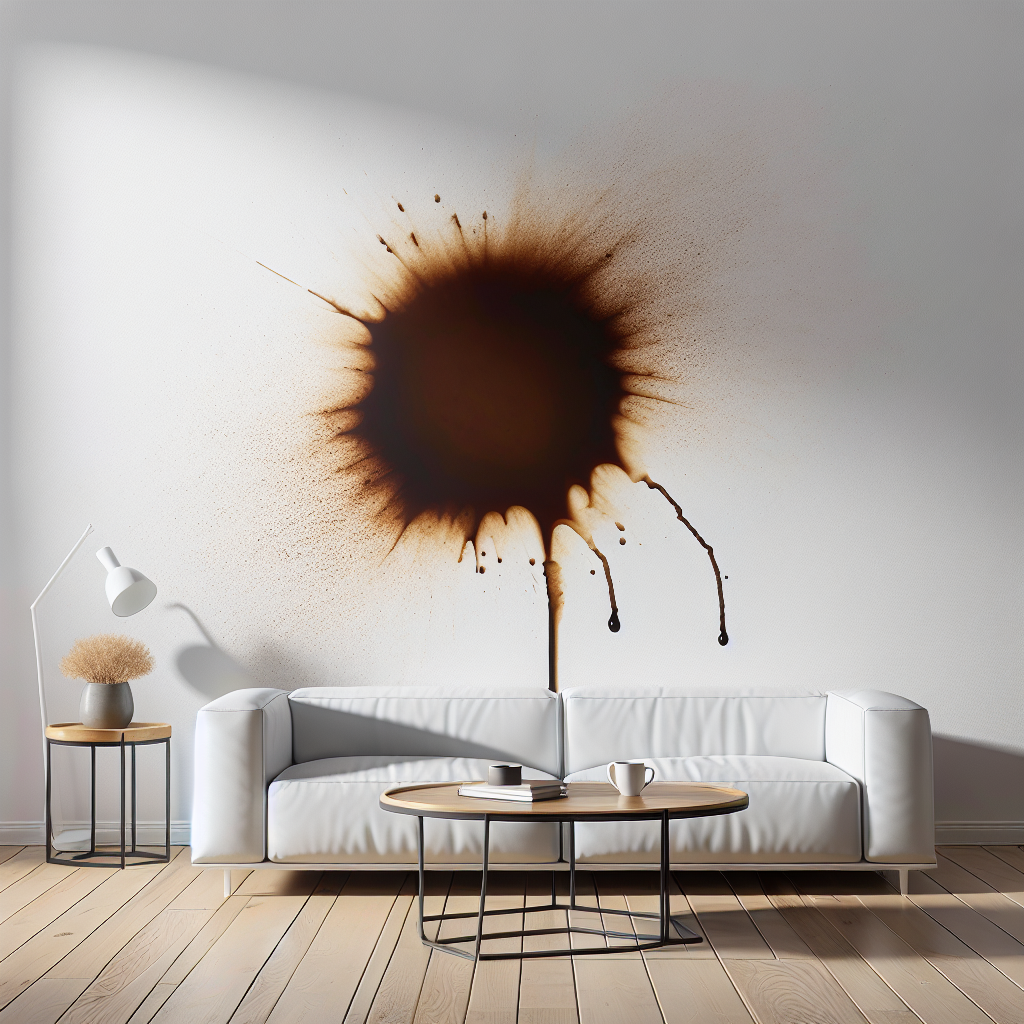 A vivid close-up of a stubborn, unsightly brown coffee stain spreading on a pristine, matte white wall in a modern living room. The stain is clearly visible and contrasts sharply with the clean white surface, emphasizing the imperfection. Soft, natural daylight illuminates the scene, highlighting the texture of the wall.