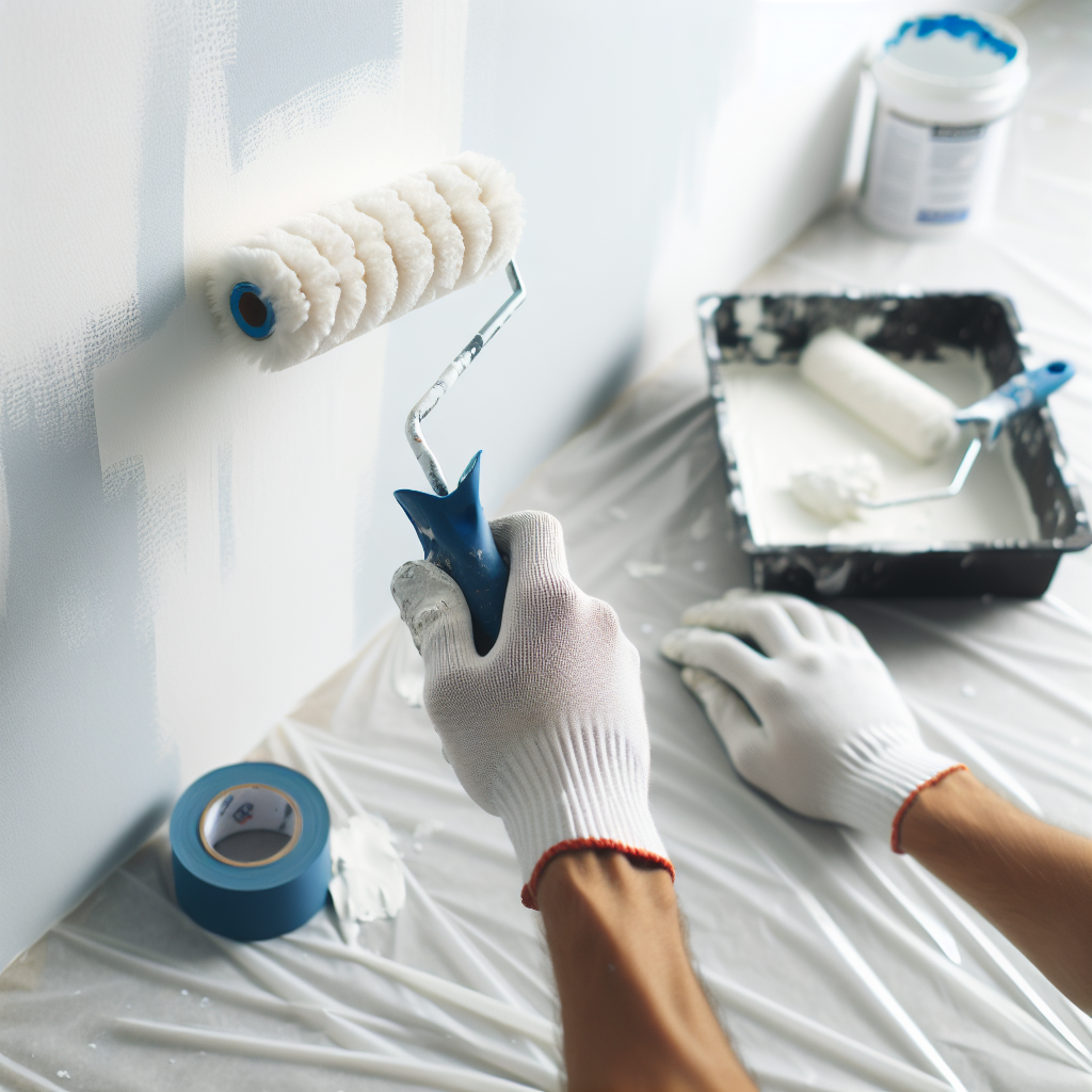 A person's hands, wearing work gloves, meticulously use a small paint roller to apply fresh white paint over a partially covered, faded water stain on a smooth white wall. In the blurred background, a paint tray, a can of white wall paint, and blue painter's tape are visible, indicating a DIY home improvement project. The focus is on the detailed action of restoring the wall's perfection.